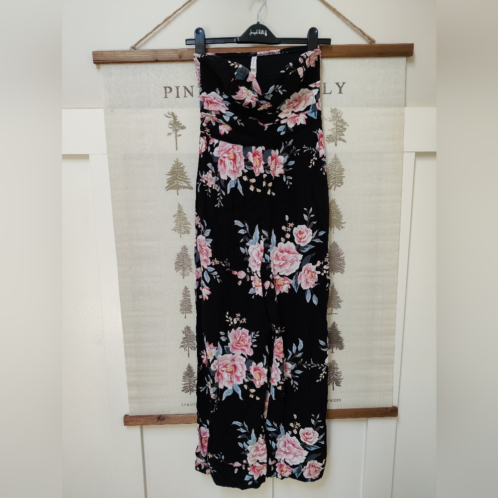 Floral Print Wide Leg Strapless Jumpsuit - Small